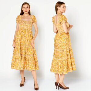 NEW O.P.T. Daphne Ruffle Cotton Floral Paisley Midi Dress Gold-Yellow/Orange - S
